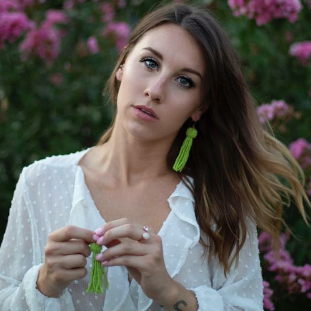 Bright Green Beaded Tassel Statement Earrings